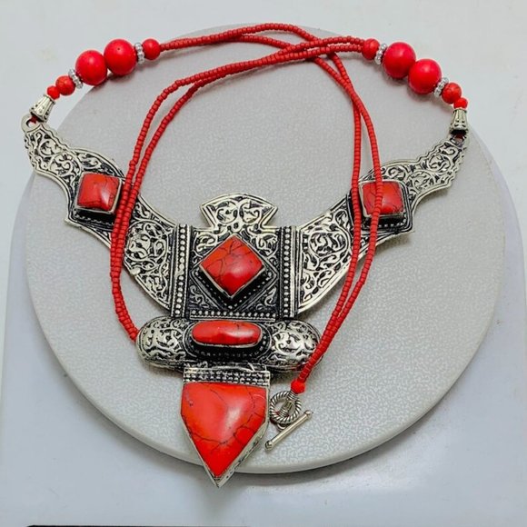 Red Tibetan Coral Gemstone Handmade Necklace,Beaded Chain Nepalese Style Necklac - Picture 9 of 10